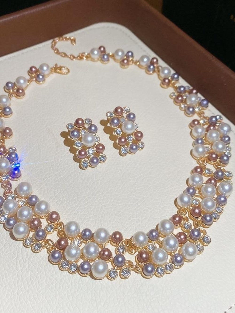 Elegant Gold Pearl Cluster Necklace and Earrings Set - Multicolor Pearls